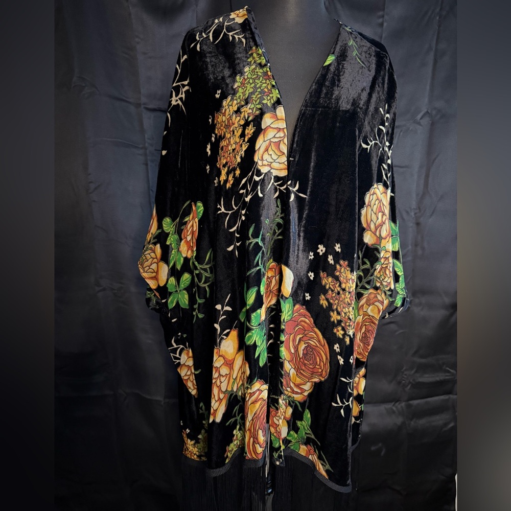 Cynthia Rowley Black Velvet Kimono with Floral Accents